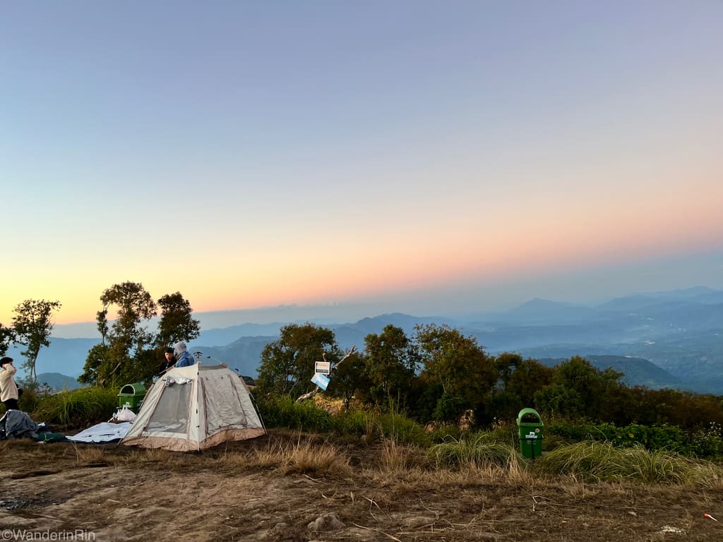 Camping tents on the grassland below Reiek Peak, Mizoram